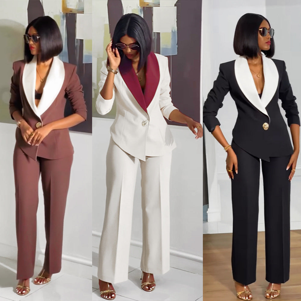 Contrast Lapel Blazer & Pants Two-Piece Set for Women