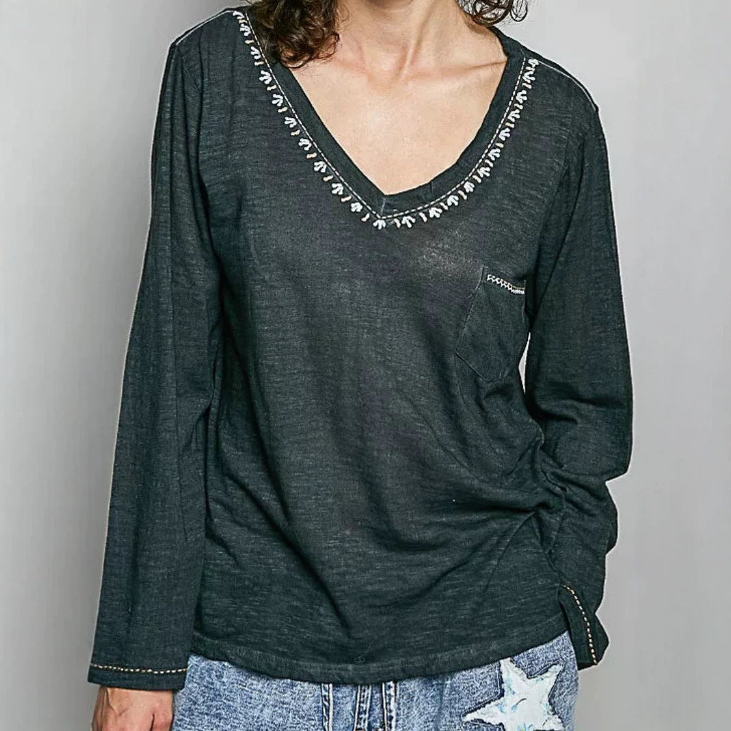 Vintage V-Neck Distressed Long-Sleeve Top for Women