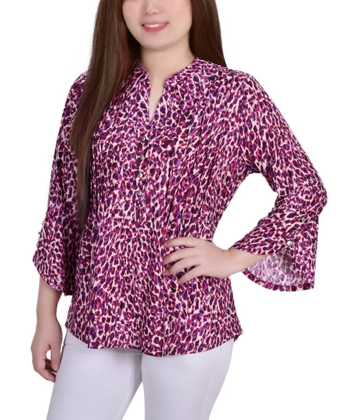 Petite 3/4 Sleeve Bell Sleeve Y-Neck Top