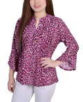 Petite 3/4 Sleeve Bell Sleeve Y-Neck Top