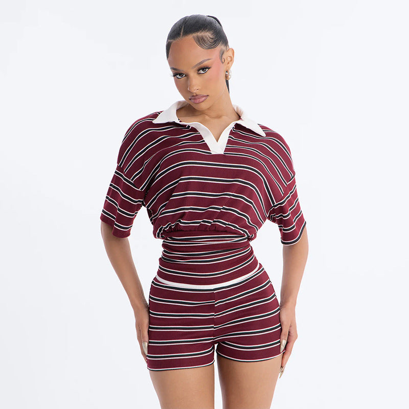 Women's Color-Block Lapel Top & Shorts Set