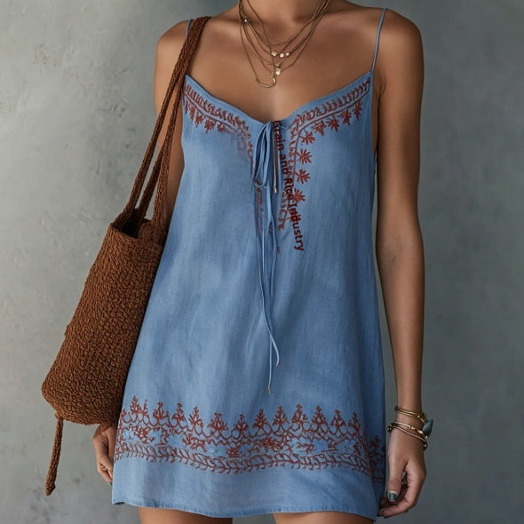 Embroidered Sleeveless Vest Dress for Women