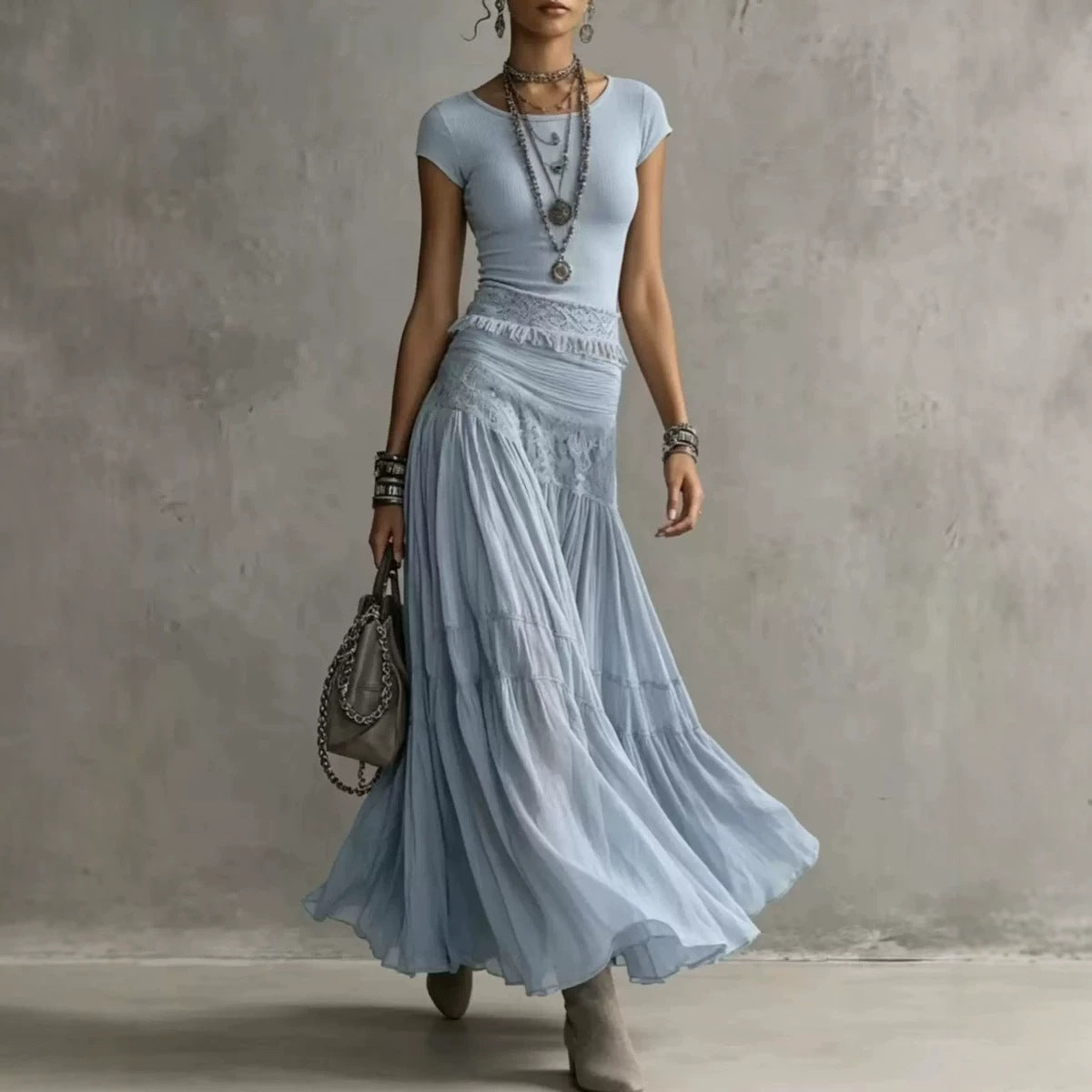 Flowing Knit Top & Chiffon Long Skirt Set for Women