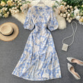 V-Neck Buttoned Waist-Cinching Slit Midi Dress