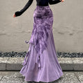 Irregular Purple Floral-Print Mesh Patchwork Skirt