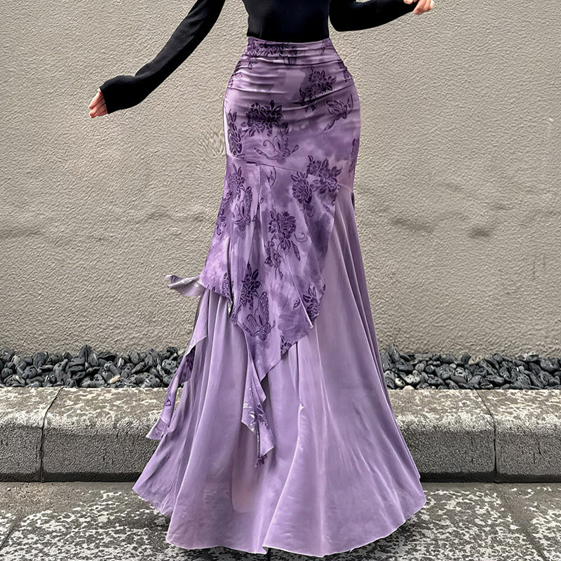 Irregular Purple Floral-Print Mesh Patchwork Skirt