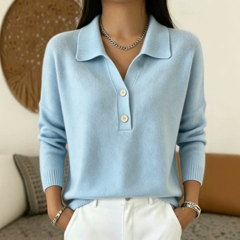 Women's Knitted Sweater with Turn-Down Collar - Casual Knit Top