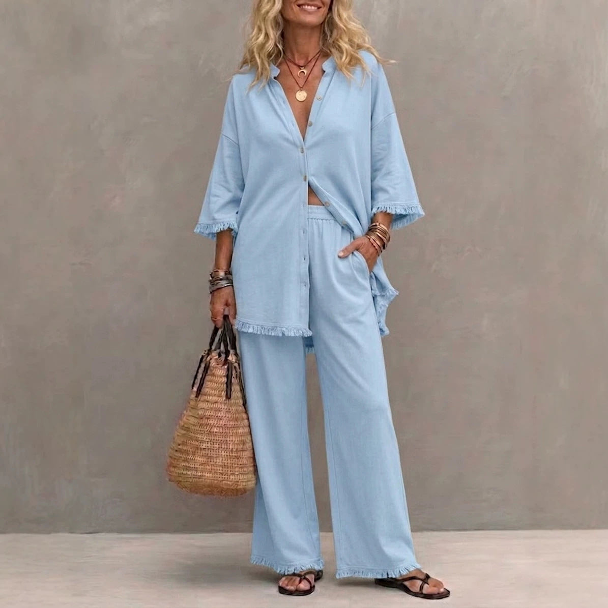Women's Loose-Fitting Top & Wide-Leg Pants Two-Piece Set