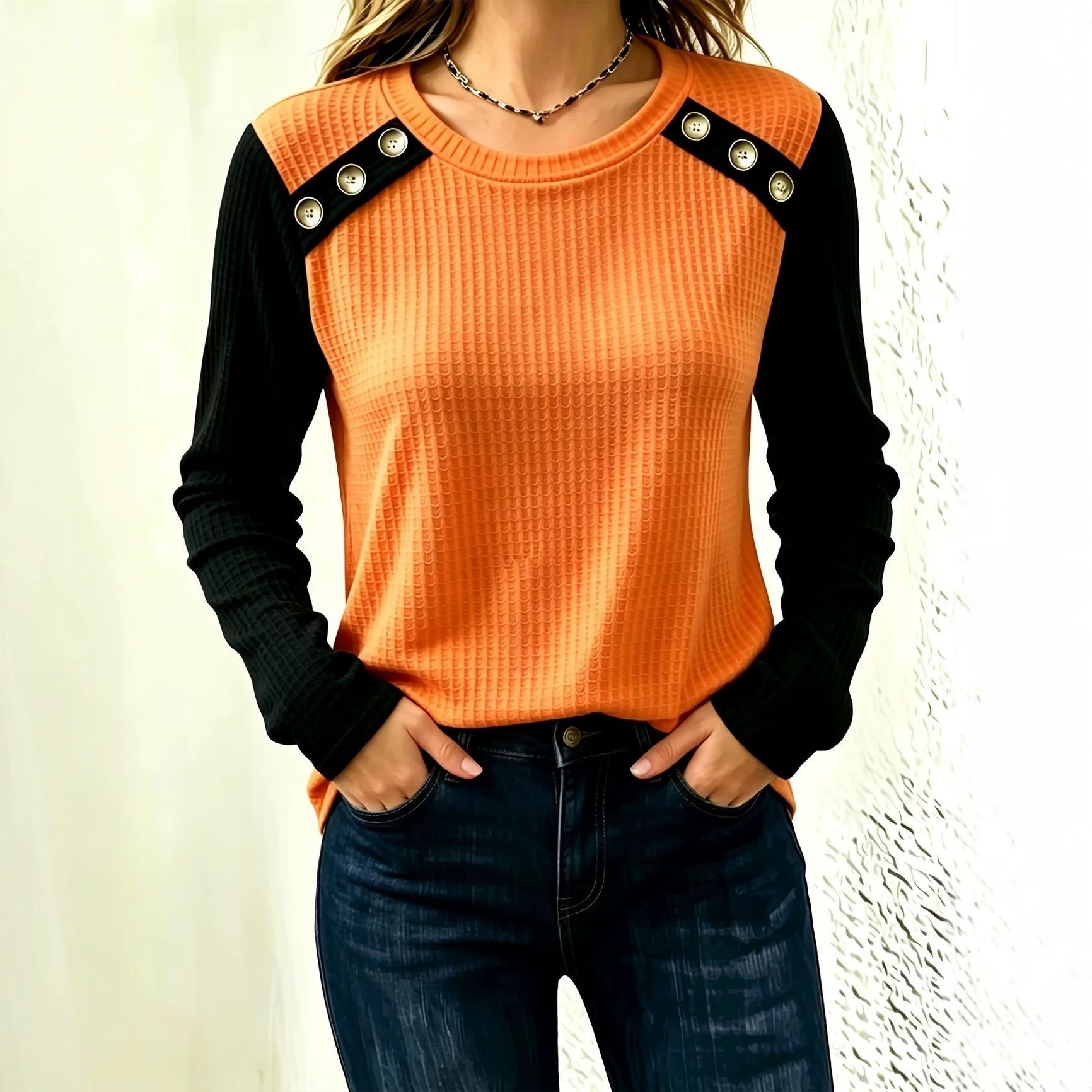 Fall Winter Crew-Neck Patchwork Waffle-Knit Long-Sleeve Top