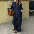 Linen Two-Piece Set - Lapel Long Sleeve Women's Outfit