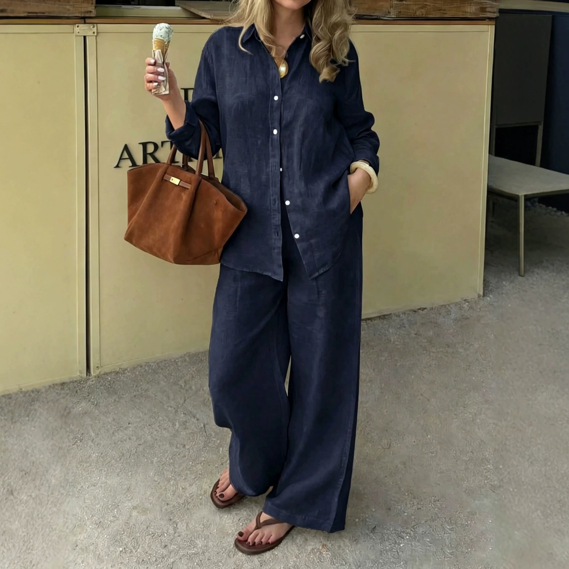 Linen Two-Piece Set - Lapel Long Sleeve Women's Outfit