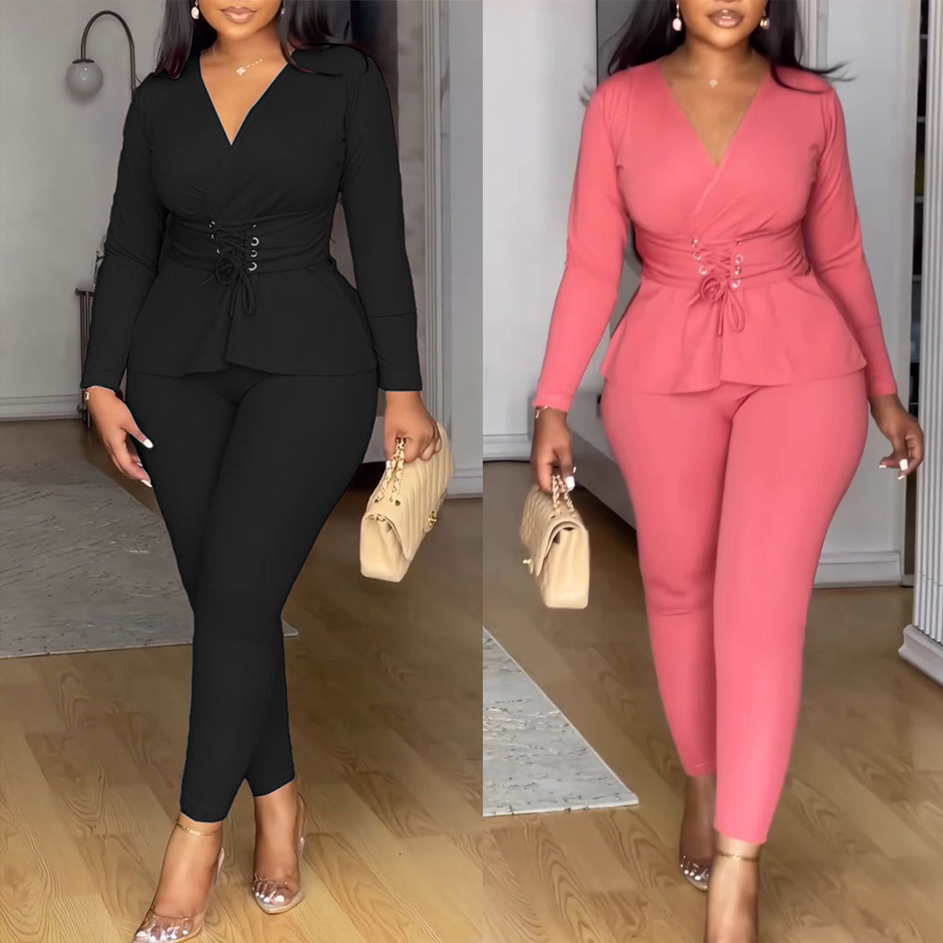 Solid V-Neck Long-Sleeve Top & Stretchy Pants Set