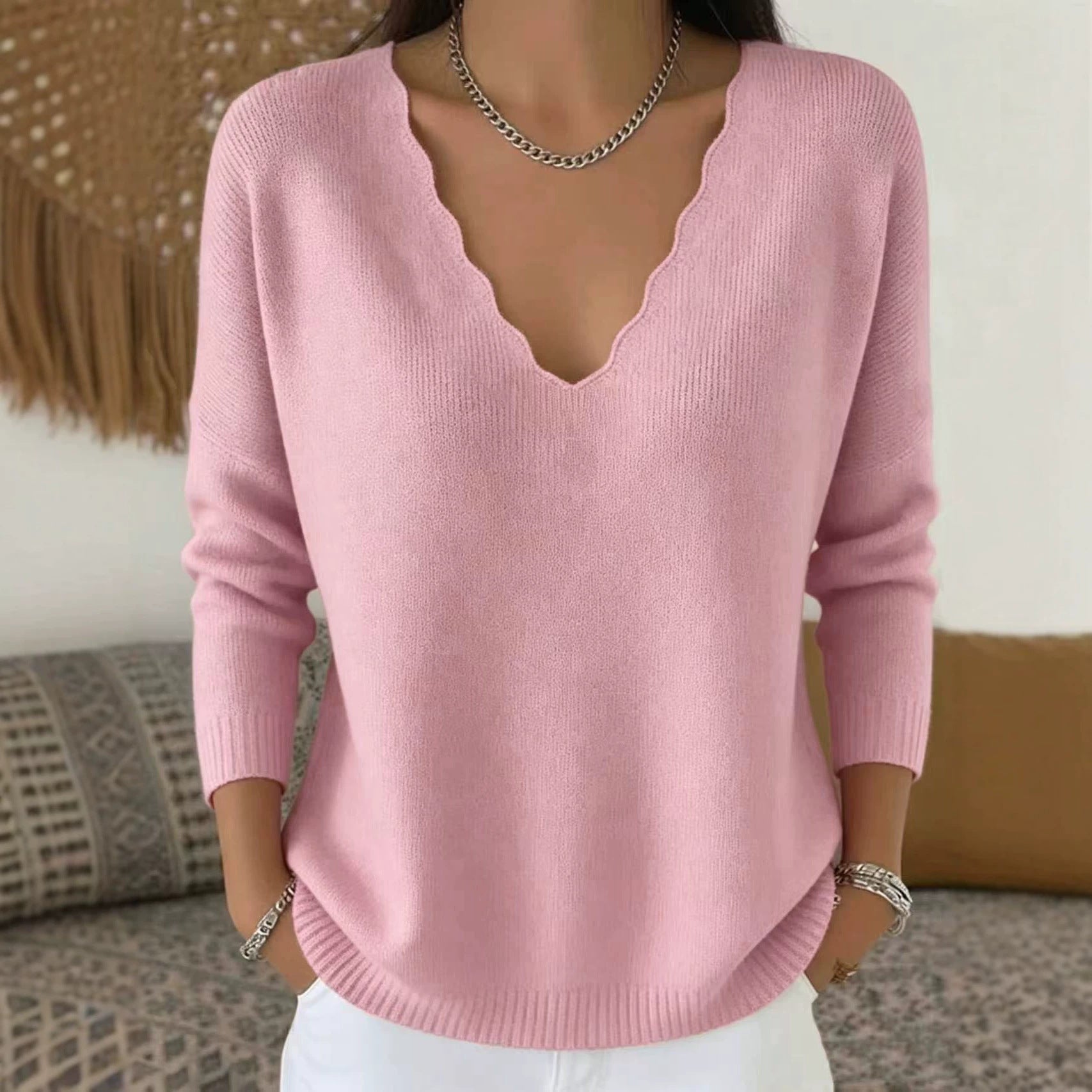 Solid Color Casual Knitted V-Neck Loose Sweater