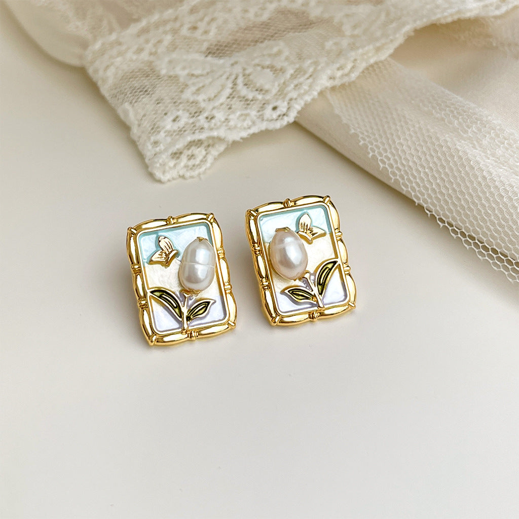 Vintage Enamel Flower Stud Earrings - French Romantic Style