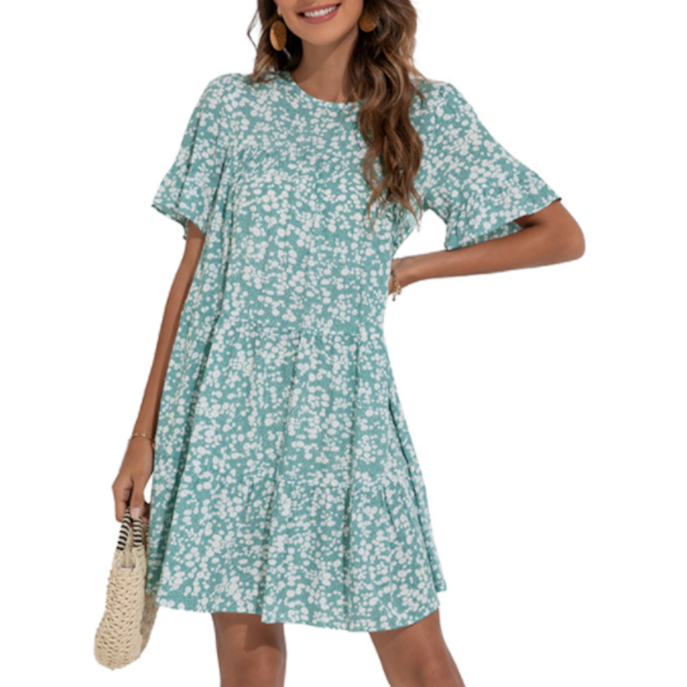 A-Line Floral Dress with Ruffle Sleeves