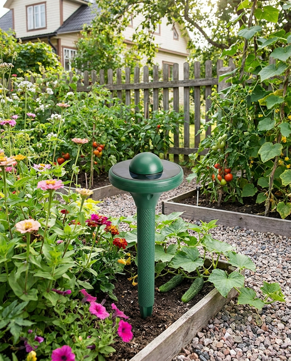 Ultrasonic Solar Snake Repeller staked in a backyard garden