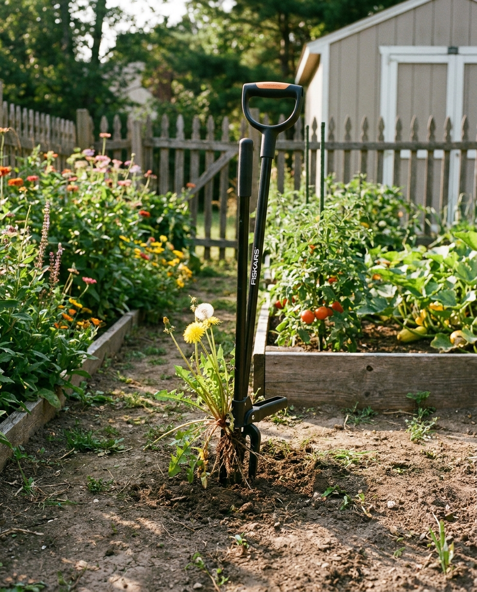 Stand Up Weed Puller in use in a backyard garden