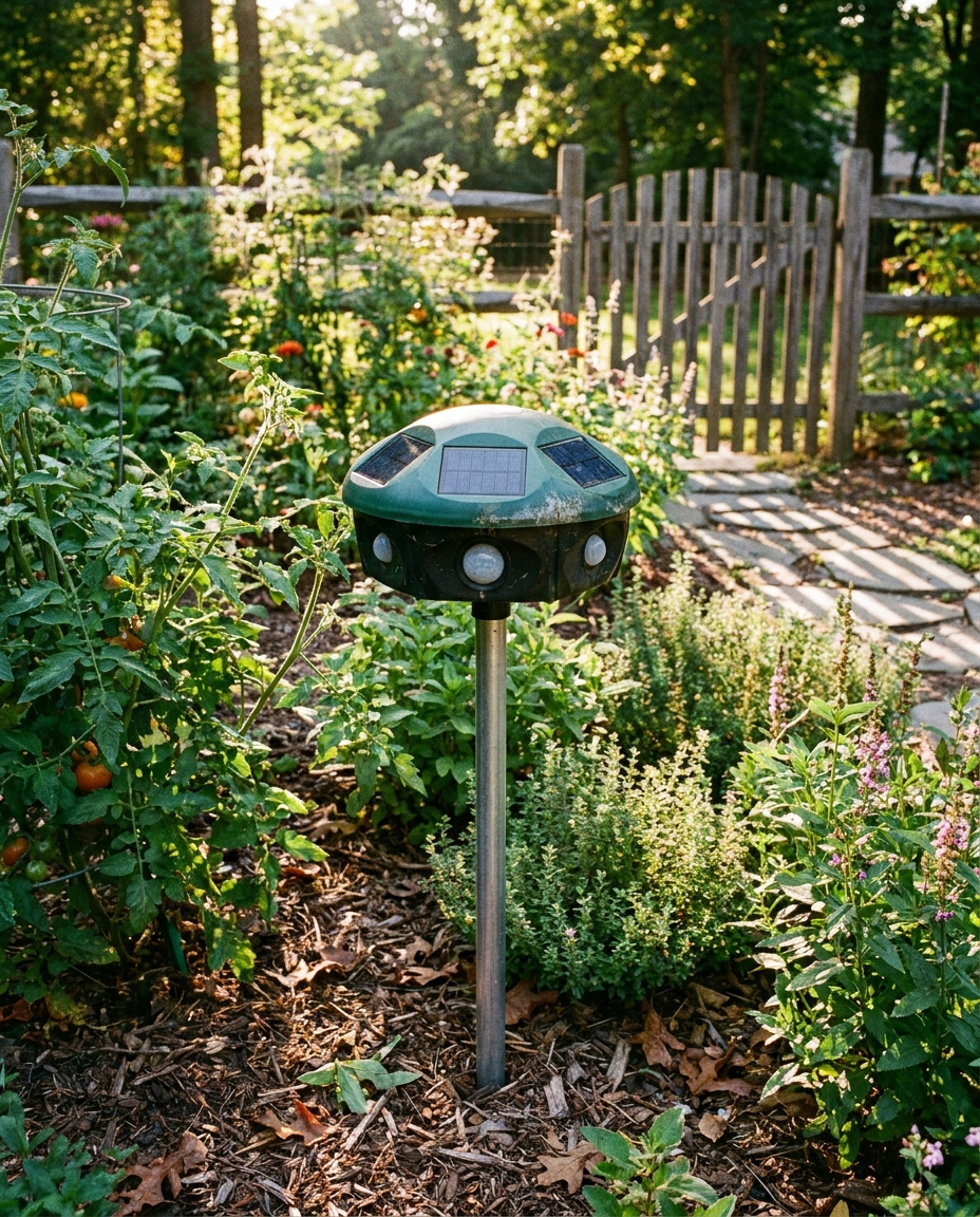 Solar Ultrasonic Animal Repeller staked in a backyard garden