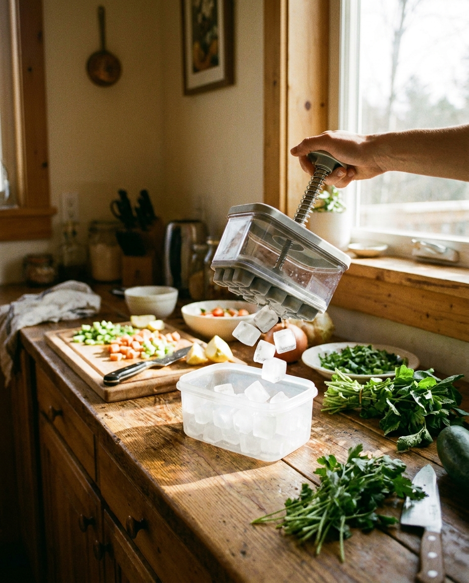 One-Click Ice Tray System on a kitchen counter