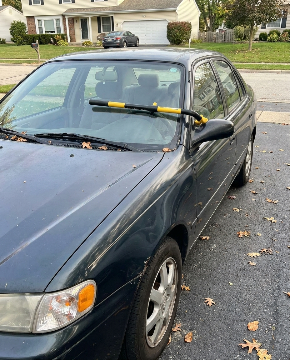 Steering Wheel Lock in use on a parked car