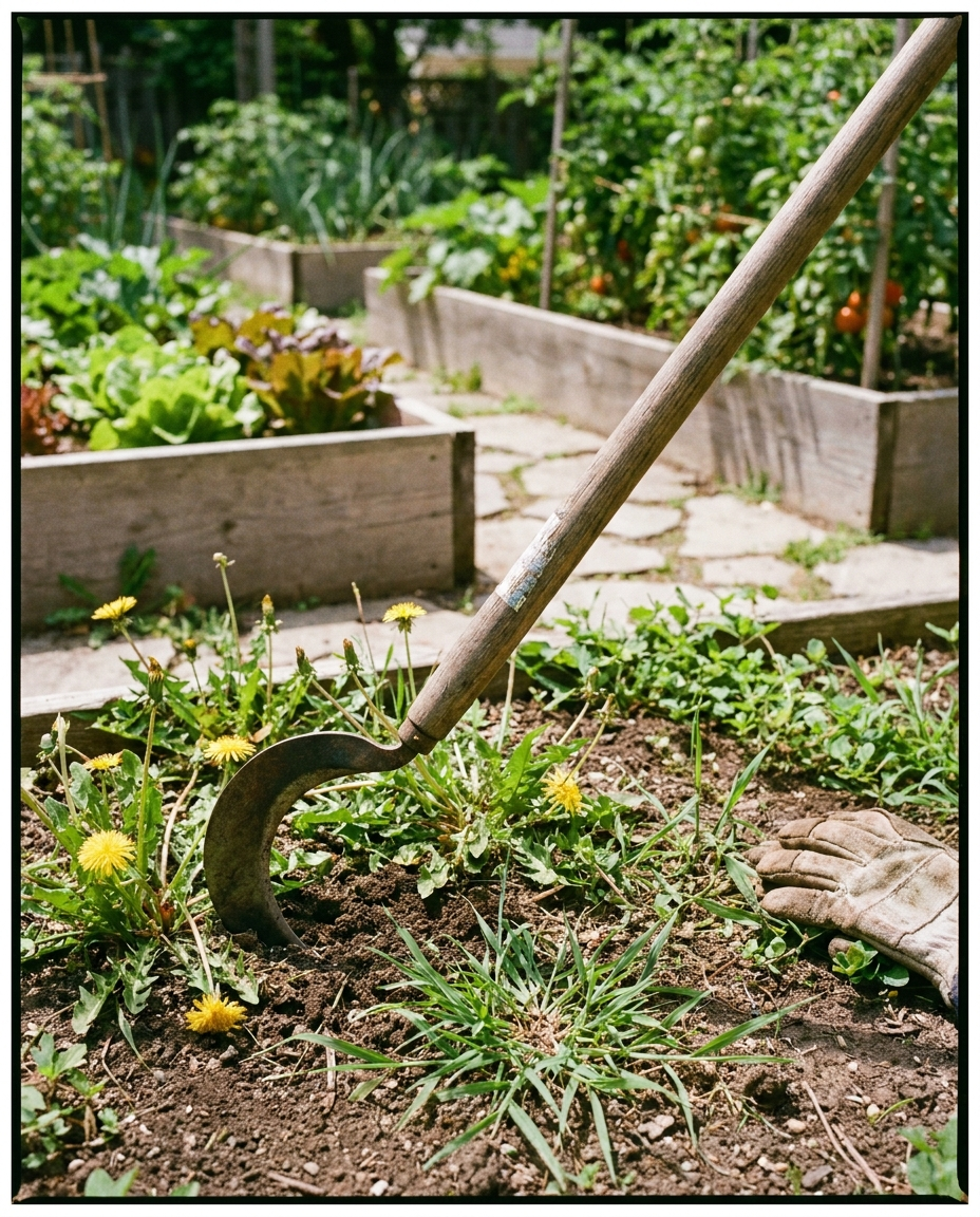 Crescent Weeder Tool in a backyard garden