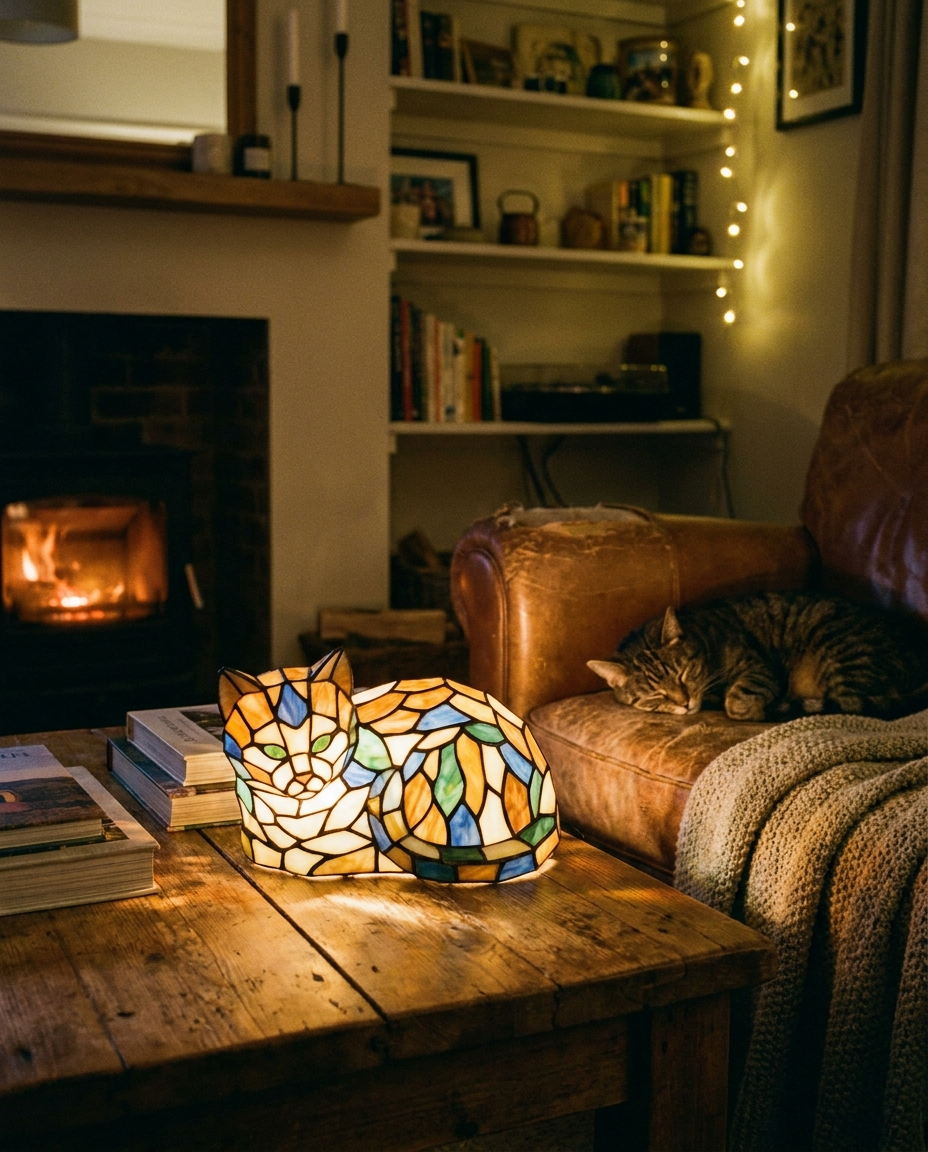 Stained Glass Cat Table Lamp in a living room