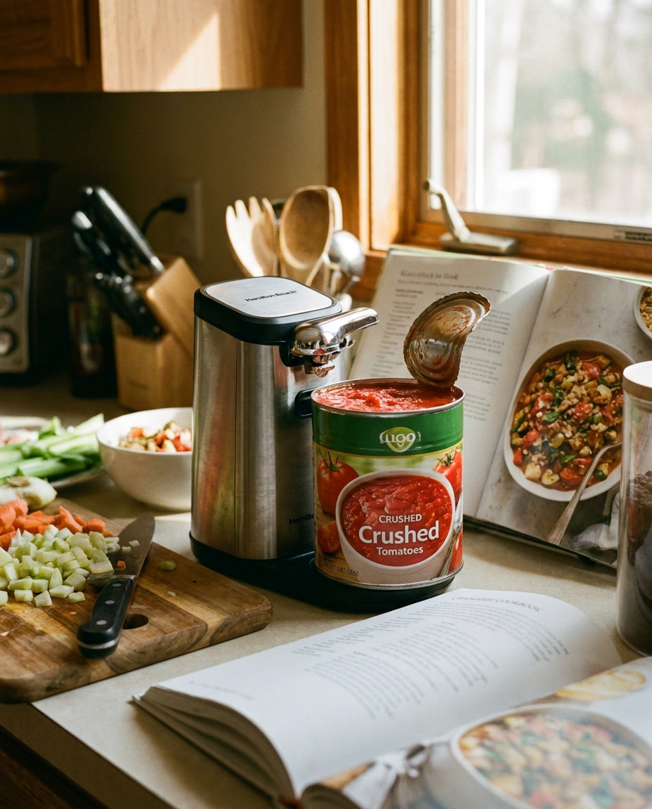 Automatic Can Opener in use on a kitchen counter