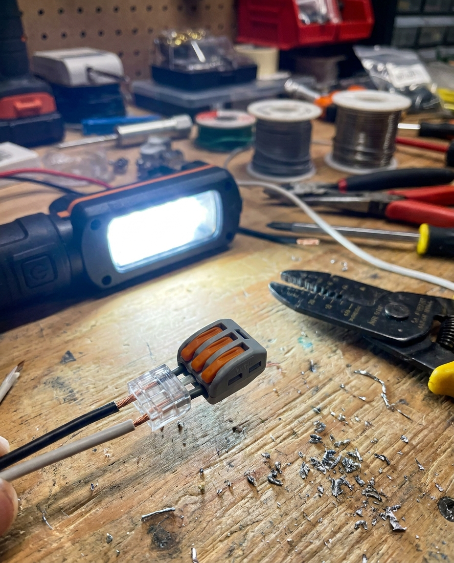 Push-in wire connector used in a home workshop