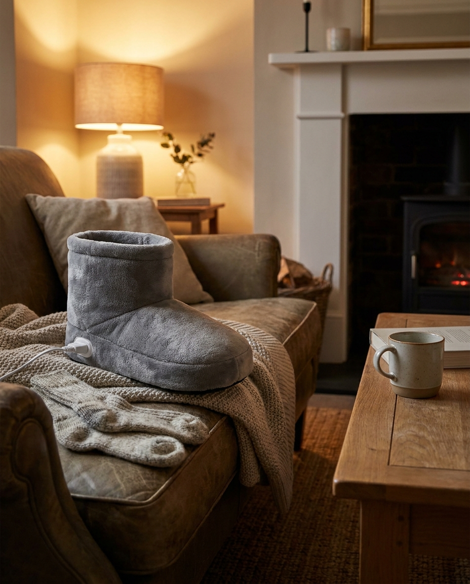 Electric foot warmer in a cozy living space