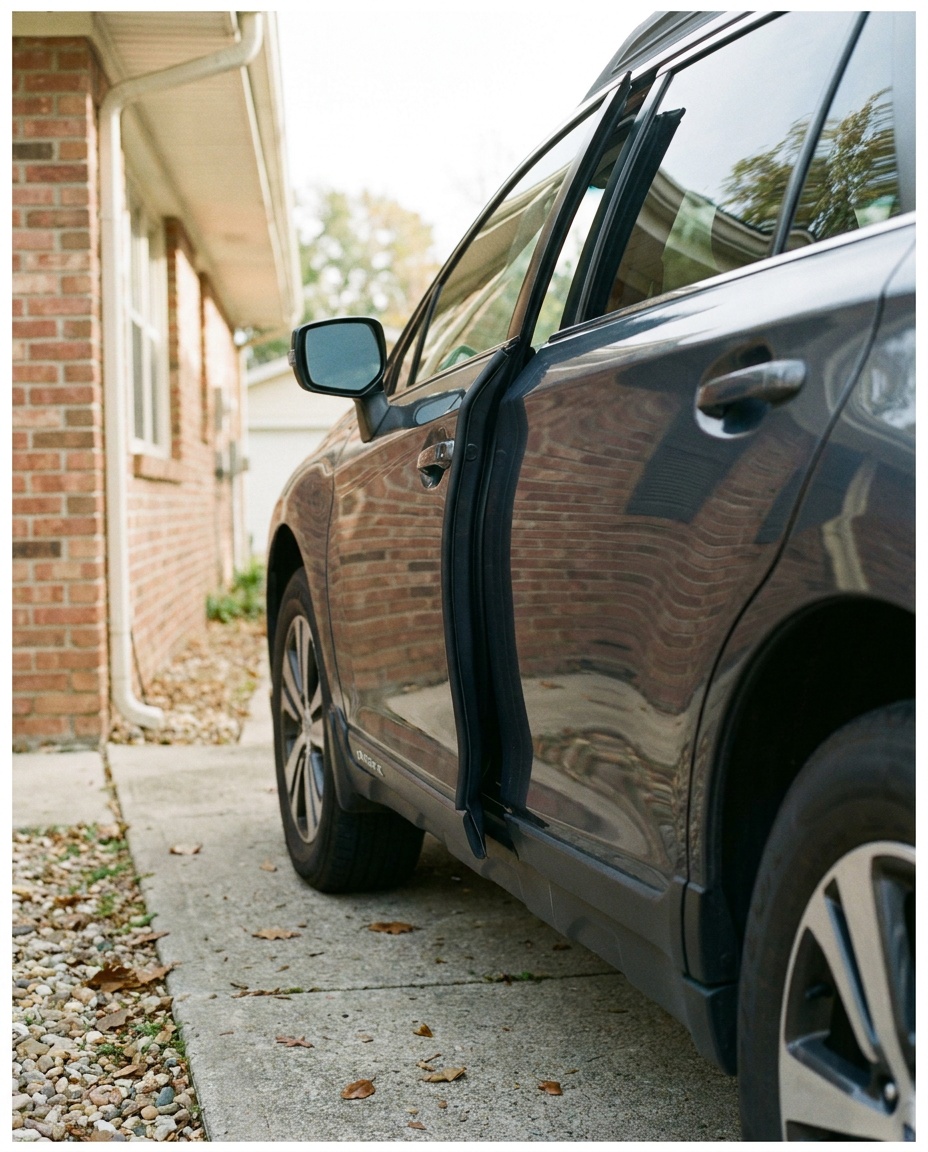 Car door edge protection strip on a parked car