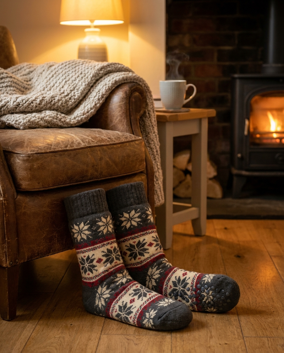 Thermal grip socks worn in a cozy home space