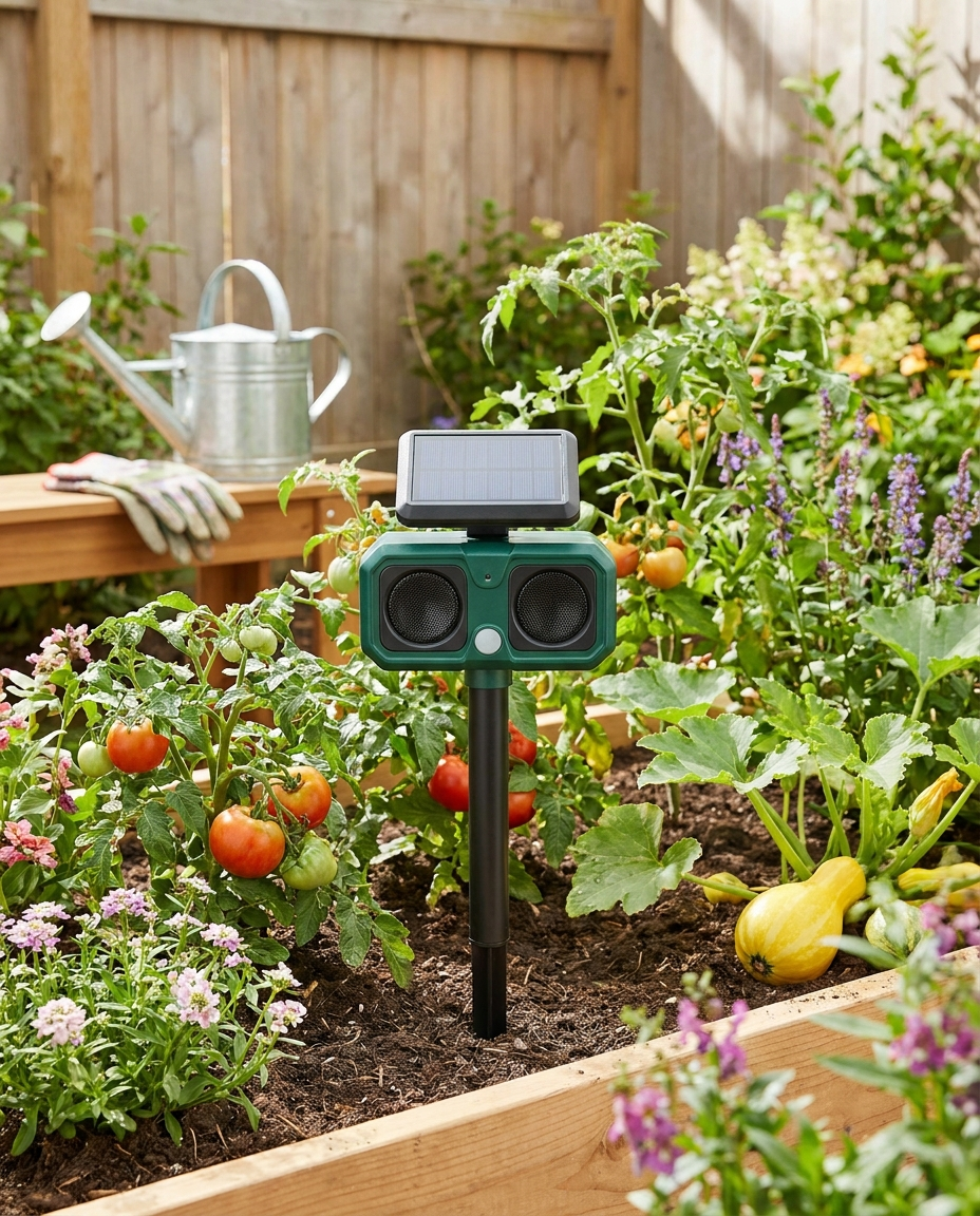 Solar ultrasonic animal repellent in a backyard garden