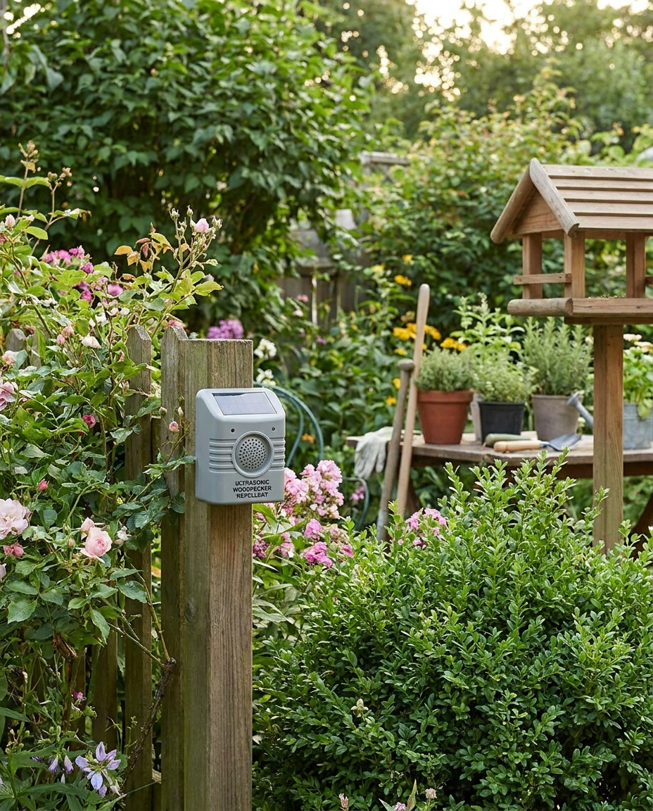 Ultrasonic woodpecker repellent in a garden