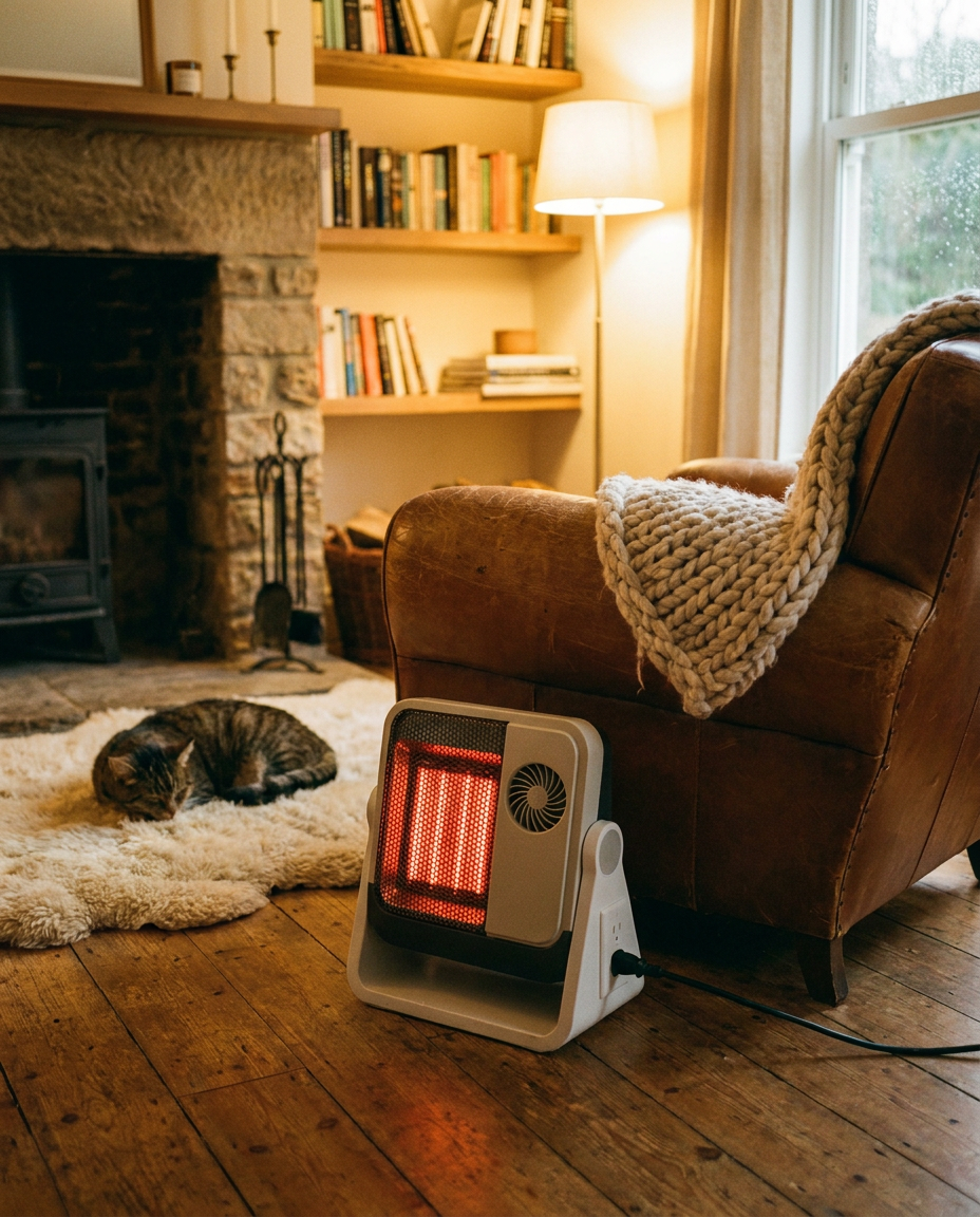 Portable electric heater in a living room