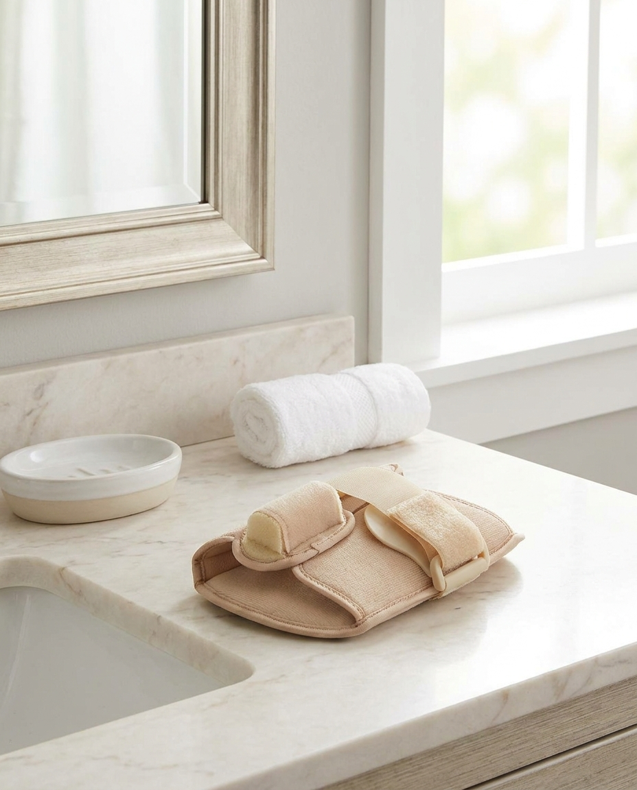 Toe straightener on a bathroom counter