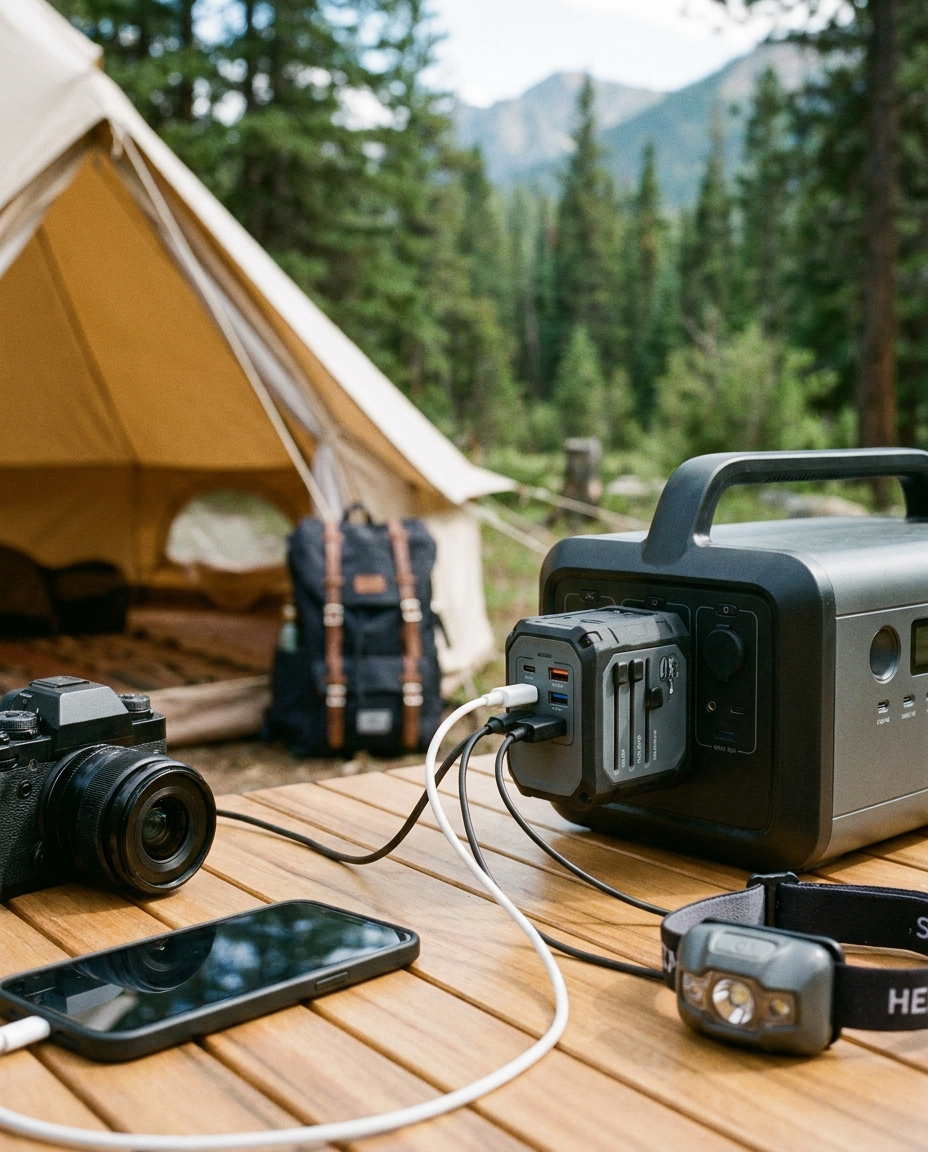 Multi-port travel adapter in use while traveling