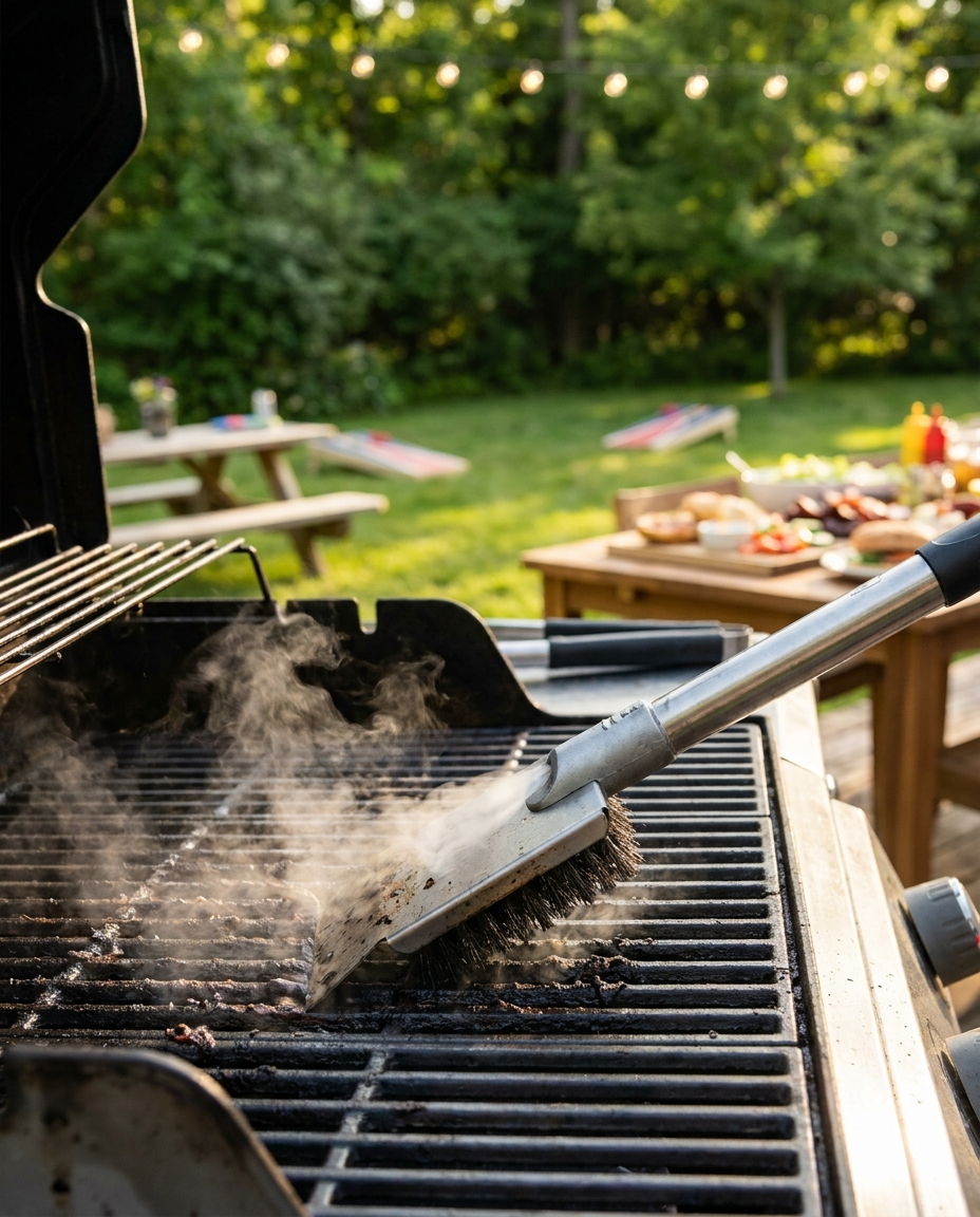 Grill brush used on an outdoor grill