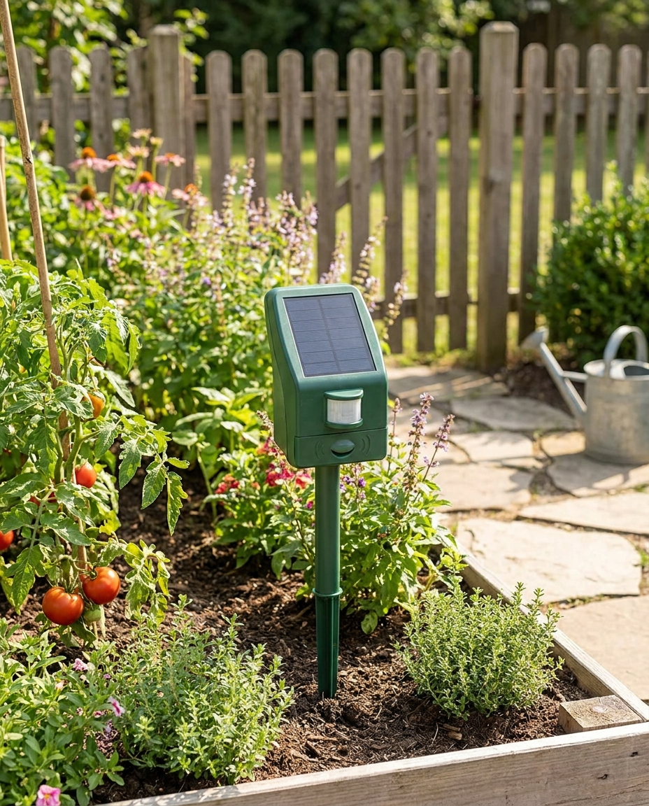Solar bird repeller in a backyard garden