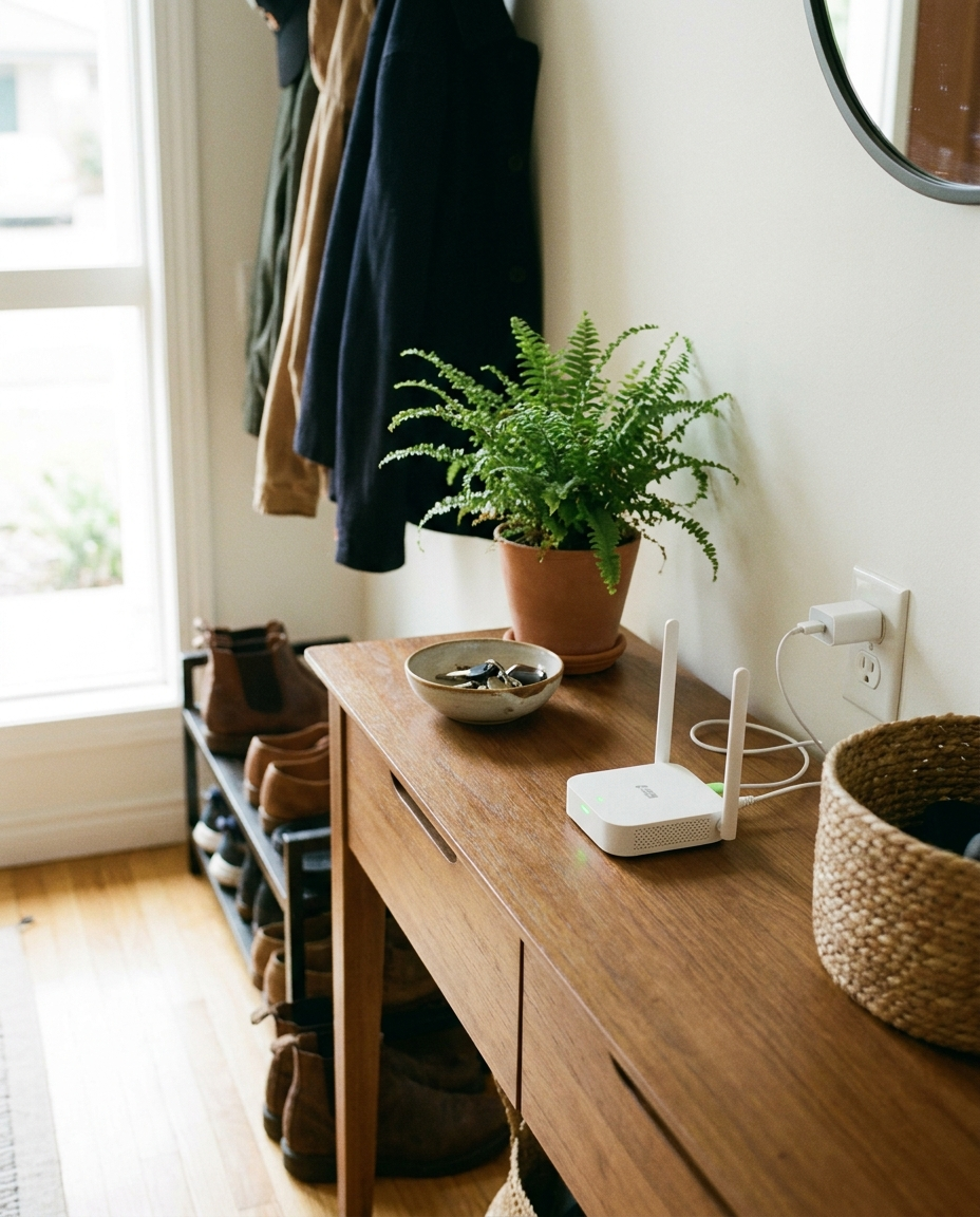 Portable WiFi router at a home entryway