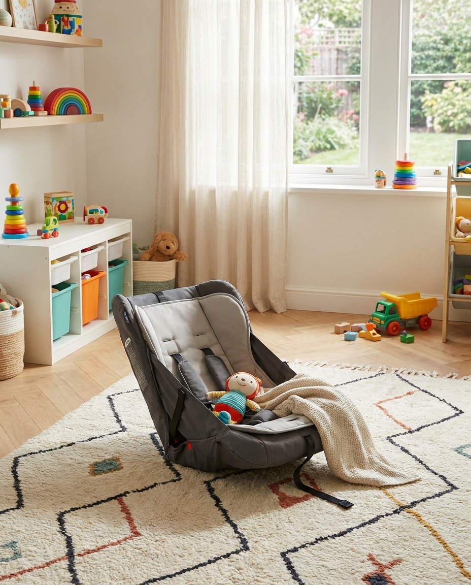 Compact child travel seat in a playroom