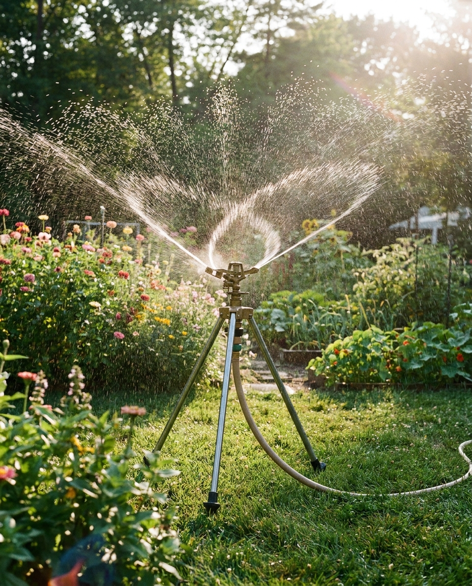 Tripod sprinkler in a backyard garden