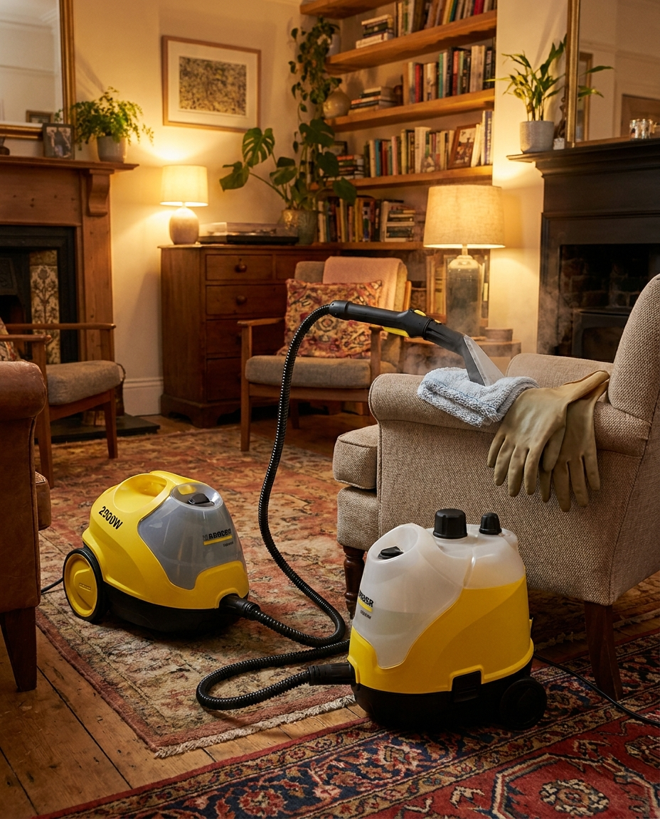 Steam cleaner in use in a living space