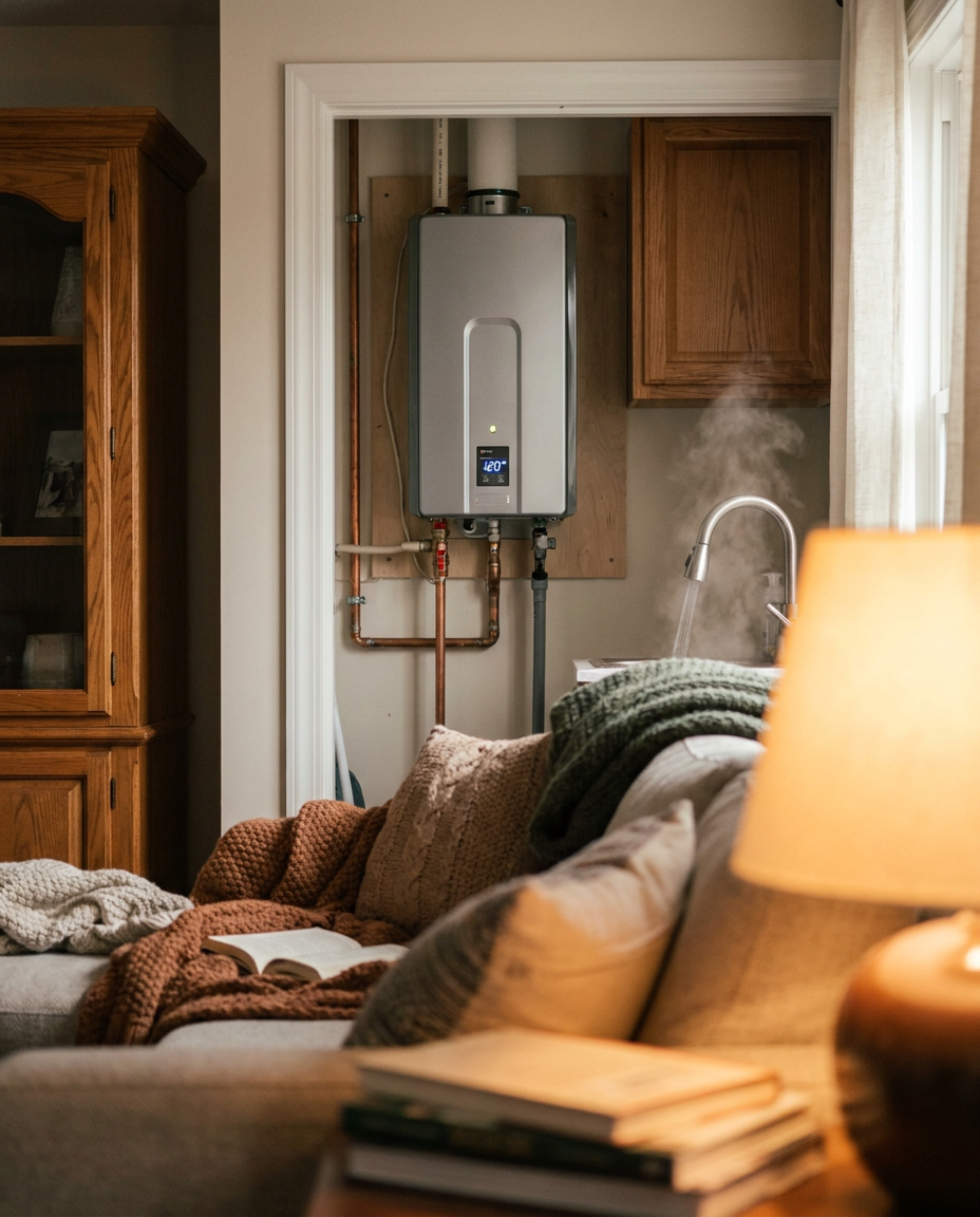 Tankless water heater installed in a home