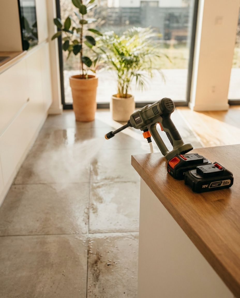 Cordless pressure washer cleaning an interior surface
