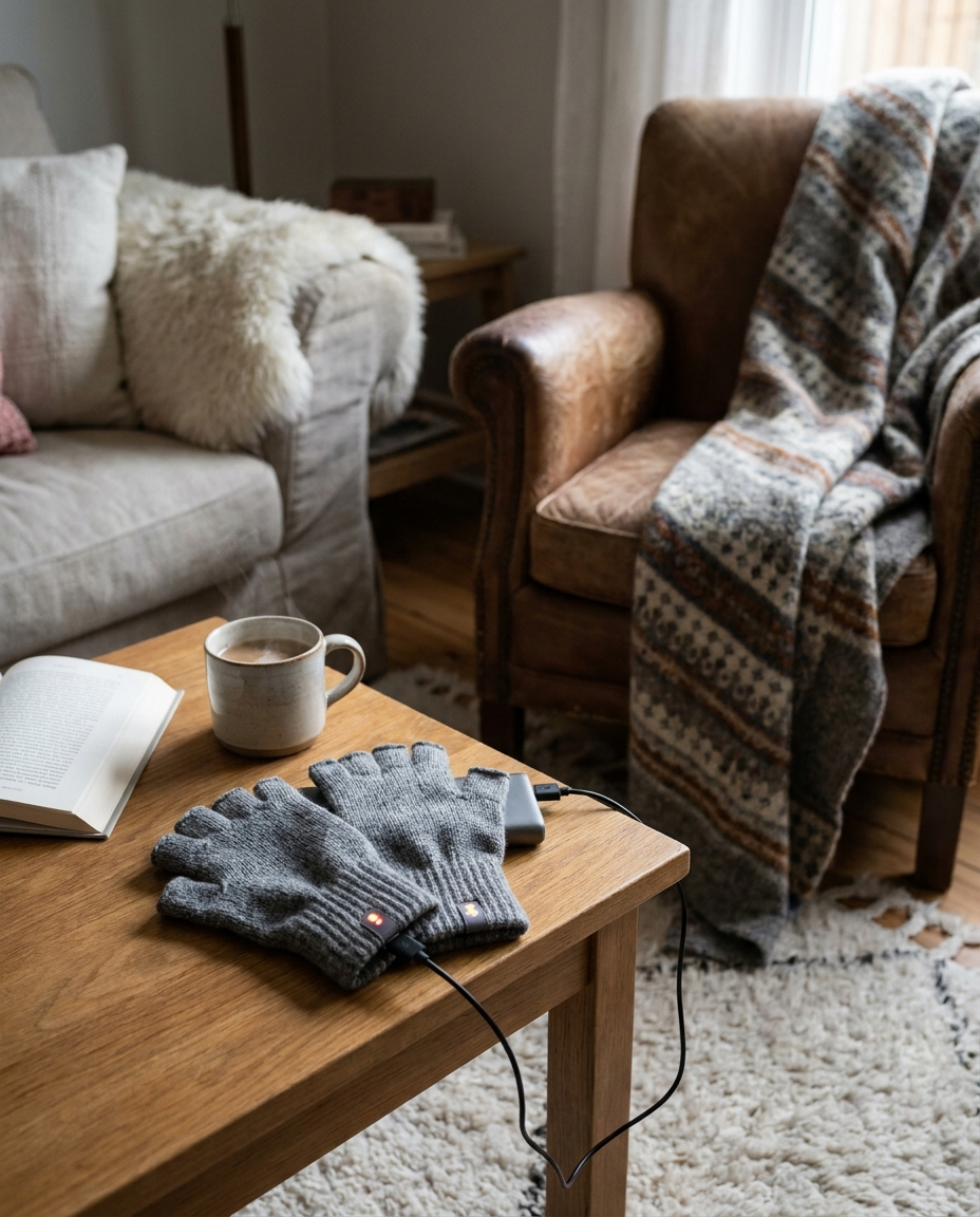 Heated fingerless gloves in a cozy home space
