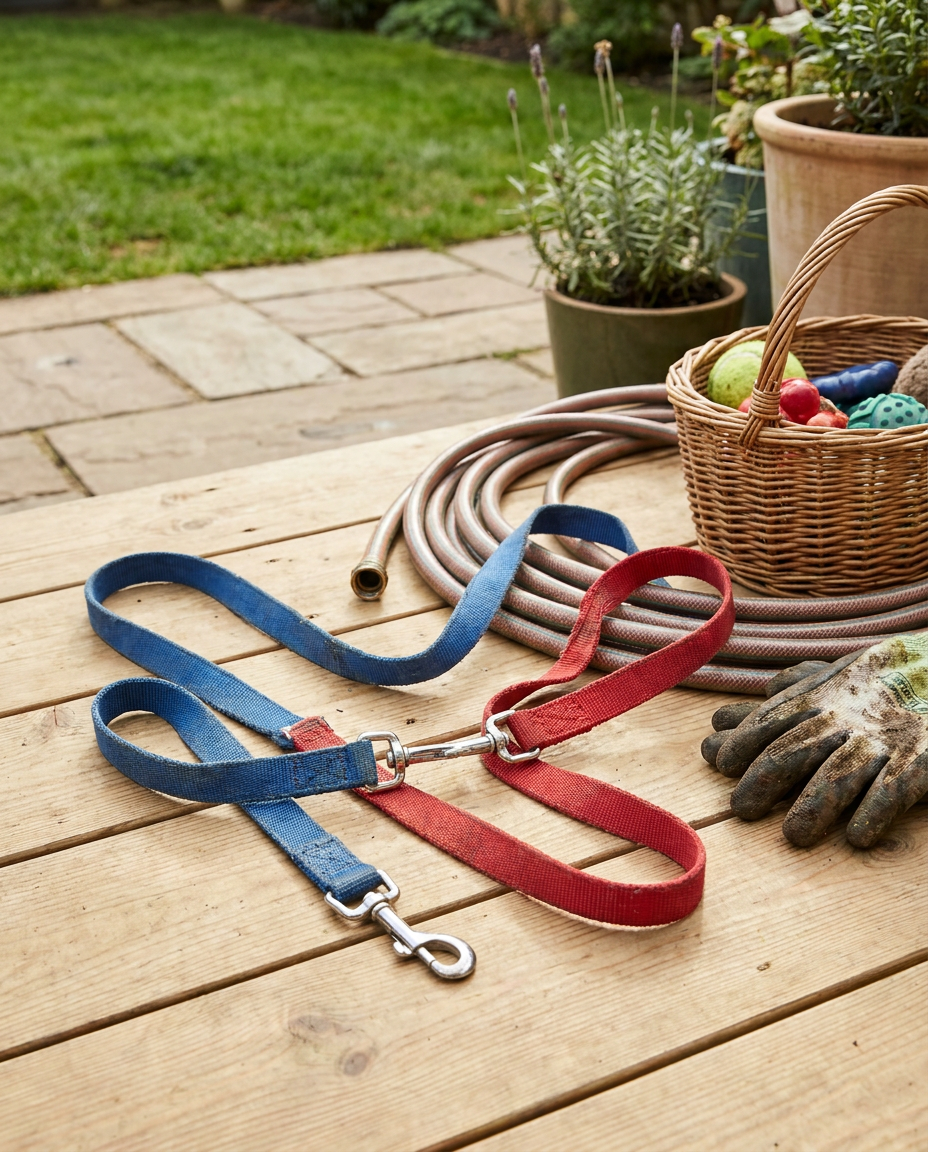 Anti-tangle double dog leash in a home setting