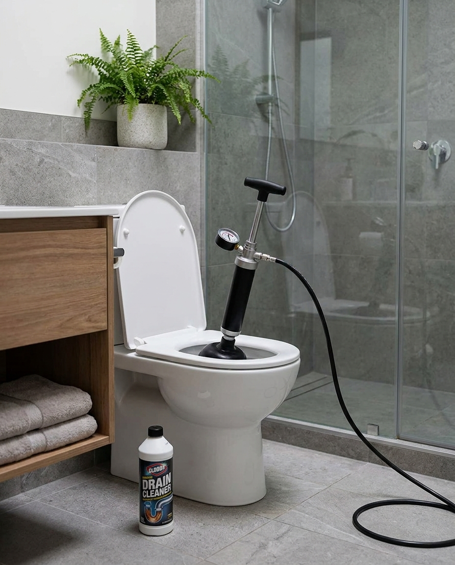 Toilet plunger and drain unblocker in a bathroom