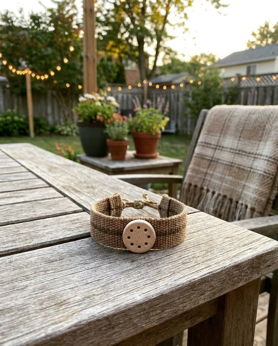 Mosquito protection bracelet on an outdoor table