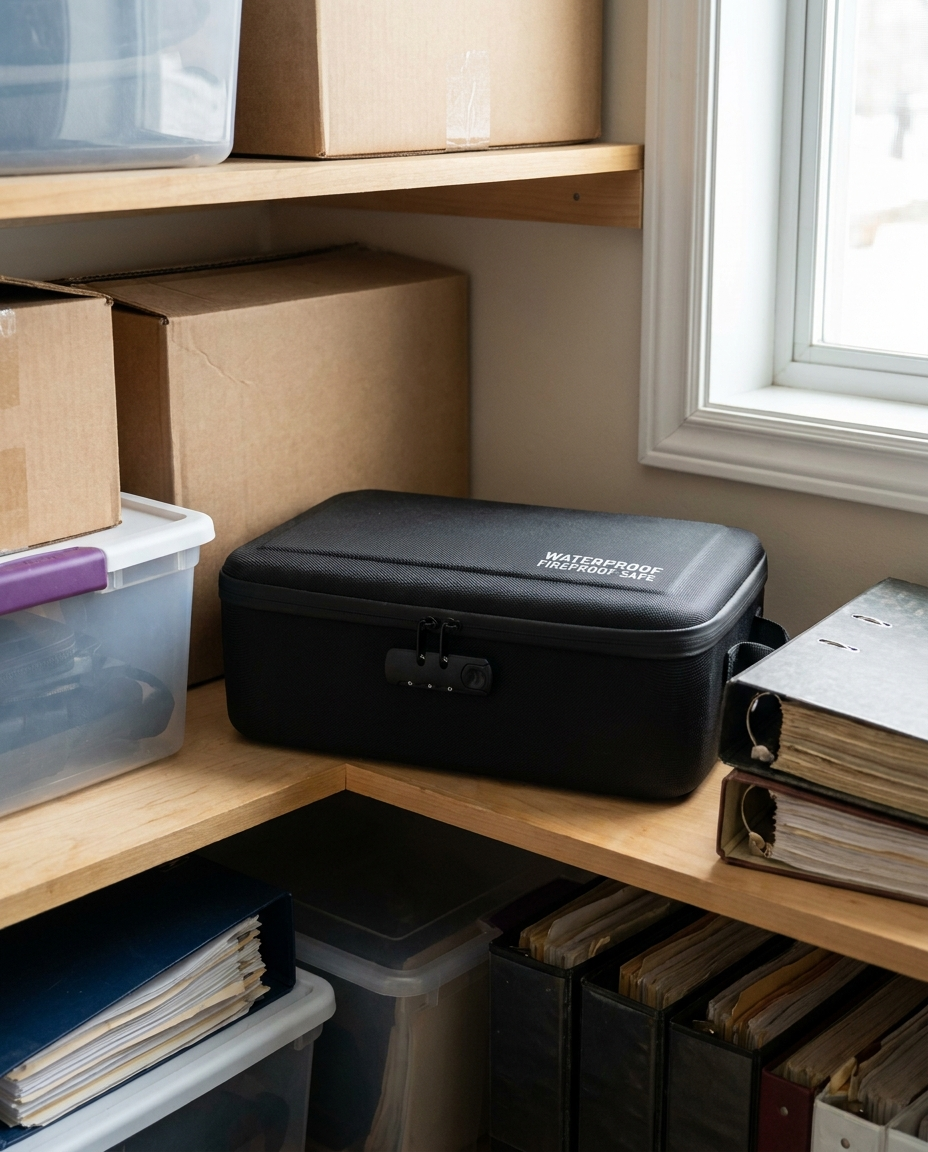 Fireproof document safe bag in a home storage area