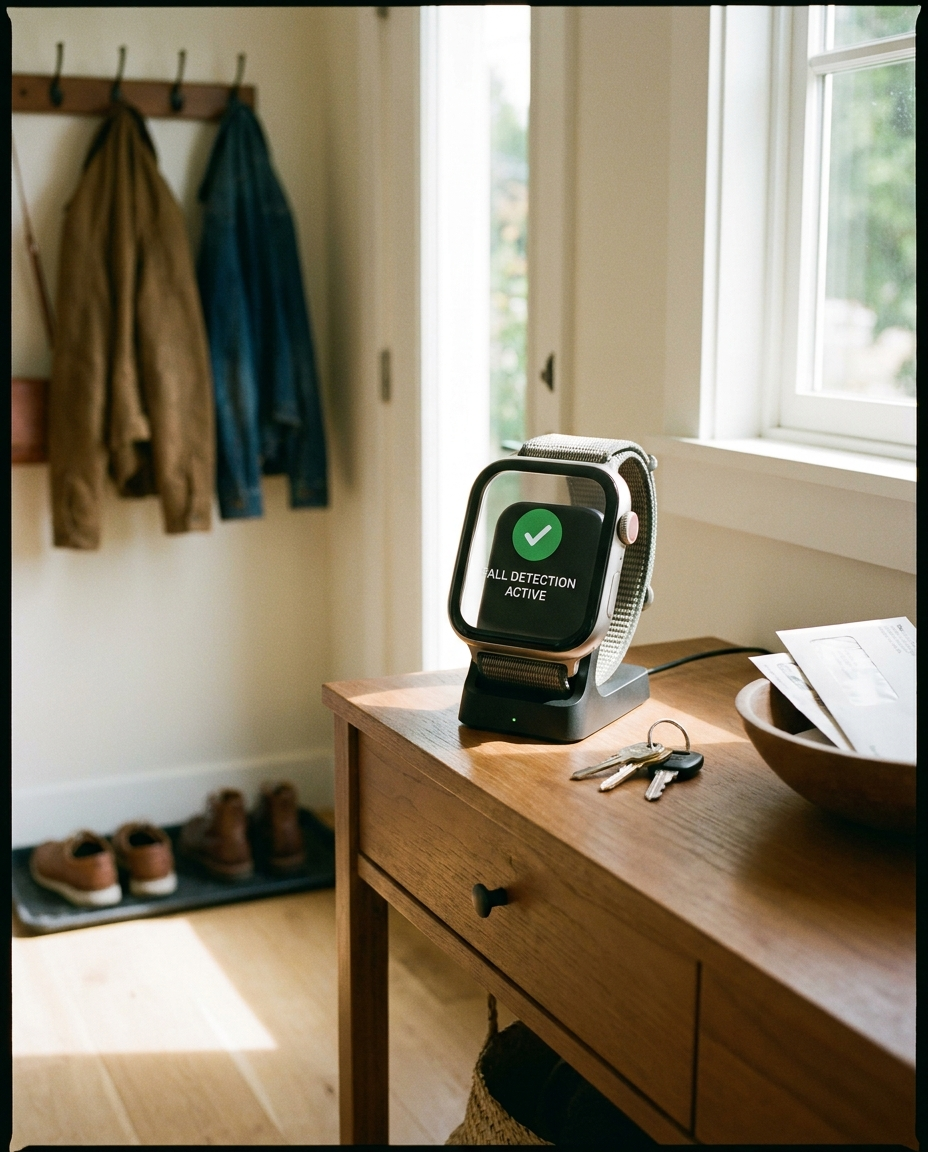 Fall detection smartwatch at a home entryway